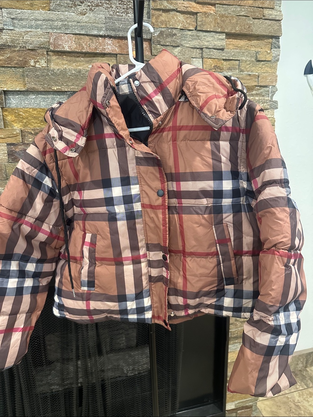 Plaid Puffer Jacket with Hood - Tan Plaid size M